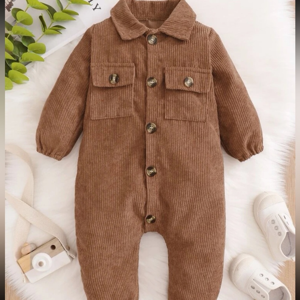 BABY BROWN CORDUROY BUTTON FLAP POCKET JUMPSUIT (0-3months)